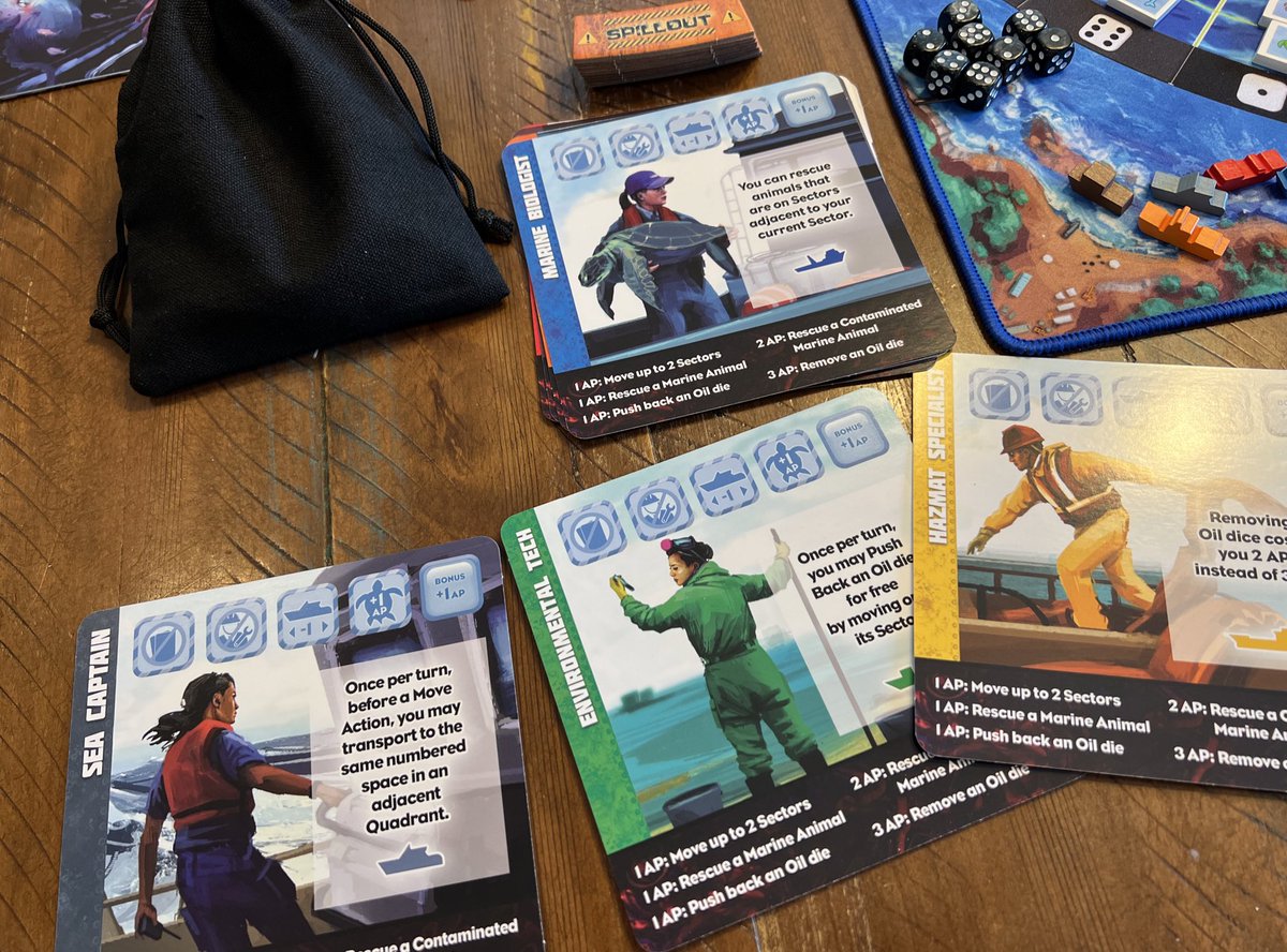 Setting up our newest Kickstarter The Spill by <a href="/SmirkandDagger/">Smirk & Dagger / Smirk & Laughter</a>!!  This gives me vibes of Pandemic on the ocean but mechanics with the dice and cool drilling well dice tower take up the table presence a notch.  My kids are happy the animals don’t die - just go to “sick bay”🐢🐬🐙