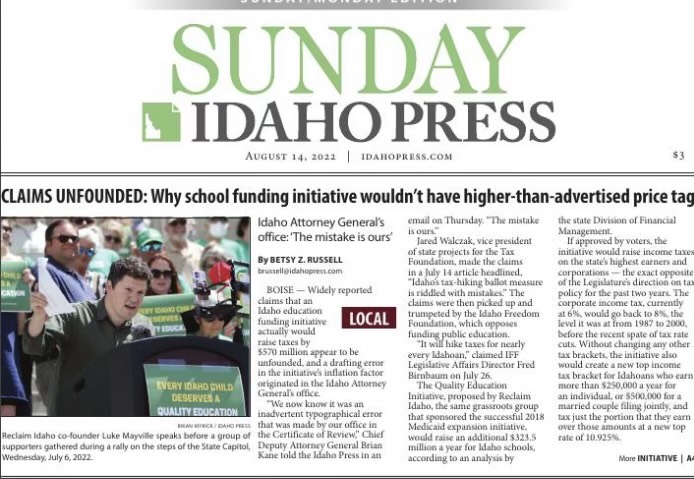 reclaimID's tweet photo. BIG NEWS: The falsehood that Prop 1 will raise everyone’s taxes has been exposed and debunked.

“Widely reported claims that an Idaho education funding initiative actually would raise taxes by $570 million appear to be unfounded”

#YesOn1 #idpol

https://t.co/TKJcPe64xJ https://t.co/z6ClJOn9QR