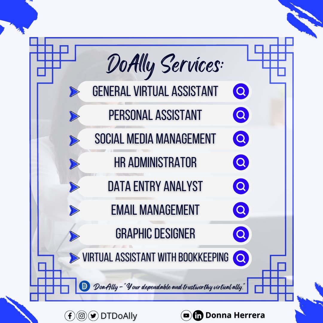 DTDoAlly's tweet photo. #DoAllyandBeyondVA #DependableDoAlly #TrustworthyDoAlly #DependableVirtualAssistant #FamiliarandStableVA #FilipinoVirtualAssistant #AssistantSuccess #VirtualAssistantServices #GrowYourBiz #HireVirtualAssistant π3/3 https://t.co/gvQ7KDUHT8