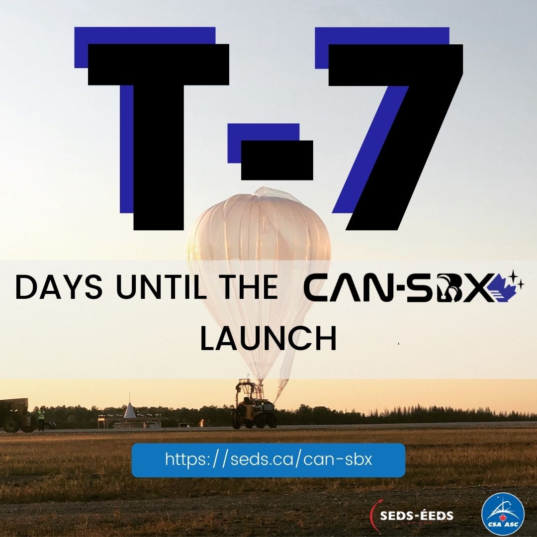 sedscanada's tweet photo. One week left before our teams launch their stratospheric balloon payloads! Stay tuned as StratoNeers from UBCO and Astrobubble from Carleton University will be flying their experiments in Timmins Ontario on August 21st-25th. To learn more, visit https://t.co/r46SYyTElP
#cndspace https://t.co/LfgBxZwZSK
