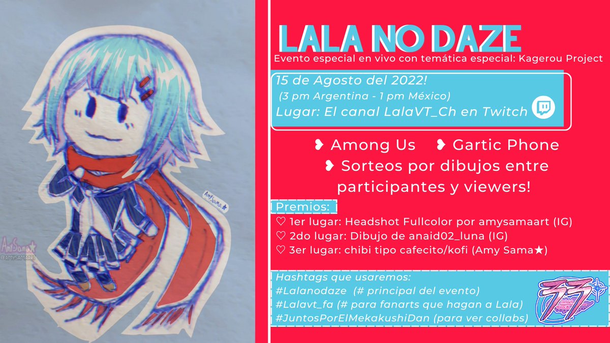 Lala09_vt's tweet photo. MAÑANA, al fin 15 de Agosto, es el evento 「Lala no DAZE」!! 💖💖💖💖
Los espero a las 3pm (🇦🇷) y la 1 pm (🇲🇽)
💜 https://t.co/uhuSLbokxb
#VtuberES #vtuber #kagerouproject #kgpr_FA #lalavt_fa #カゲプロの日 #カゲロウプロジェクト https://t.co/dn3CWEKWQL