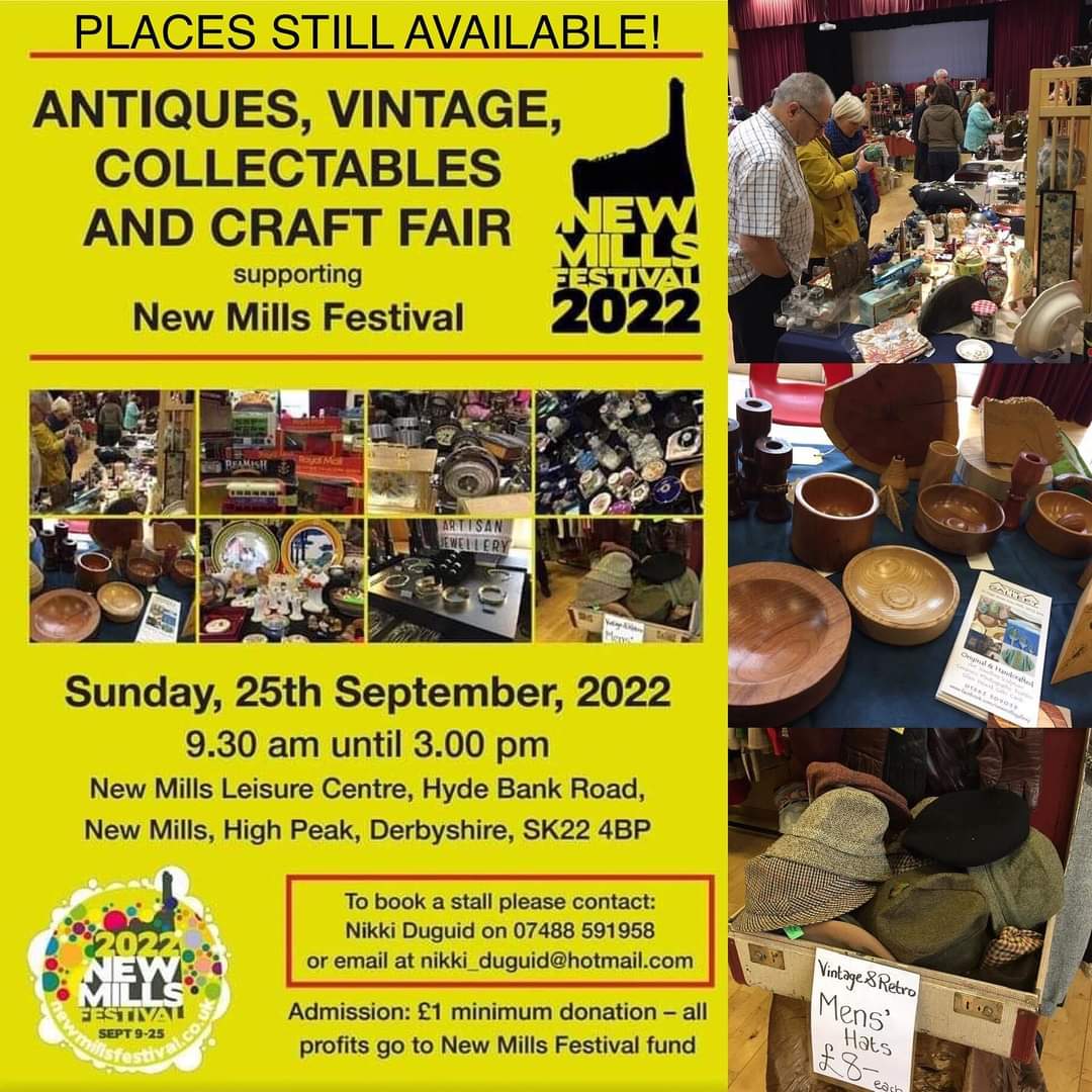 Our Antiques, Collectables &amp; Vintage Craft Fair is returning on Sunday 25th September. Spaces are now filling up but there are still a few spaces available. To book a stall, contact Nikki Duguid on 07488 591958 or by email at nikki.duguid@hotmail.com

#NewMillsFestival #HighPeak