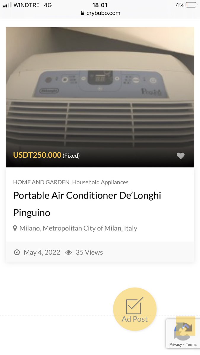 CryBuBo's tweet photo. You could sell or buy anything you like on https://t.co/dBXW9Wfrcd for cryptocurrency! 250USDT portable air conditioner in Milan. #cryptocurrecy #crypto #bitcoins #ETH #USDTether #cryptoworld #cryptolife @cz_binance @Bitboy_Crypto @VitalikButerin https://t.co/RGLyY1itOP