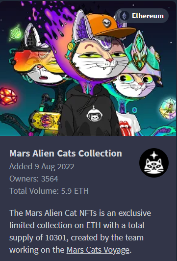 mikejacky10's tweet photo. top 1 project by rarity tools 
Mars Alien Cats Collection Ranked by Rarity
 https://t.co/mq8z4EYnWz
#nfts #nftrank #cryptoverse
#raritytools https://t.co/yAzPOrmpYa