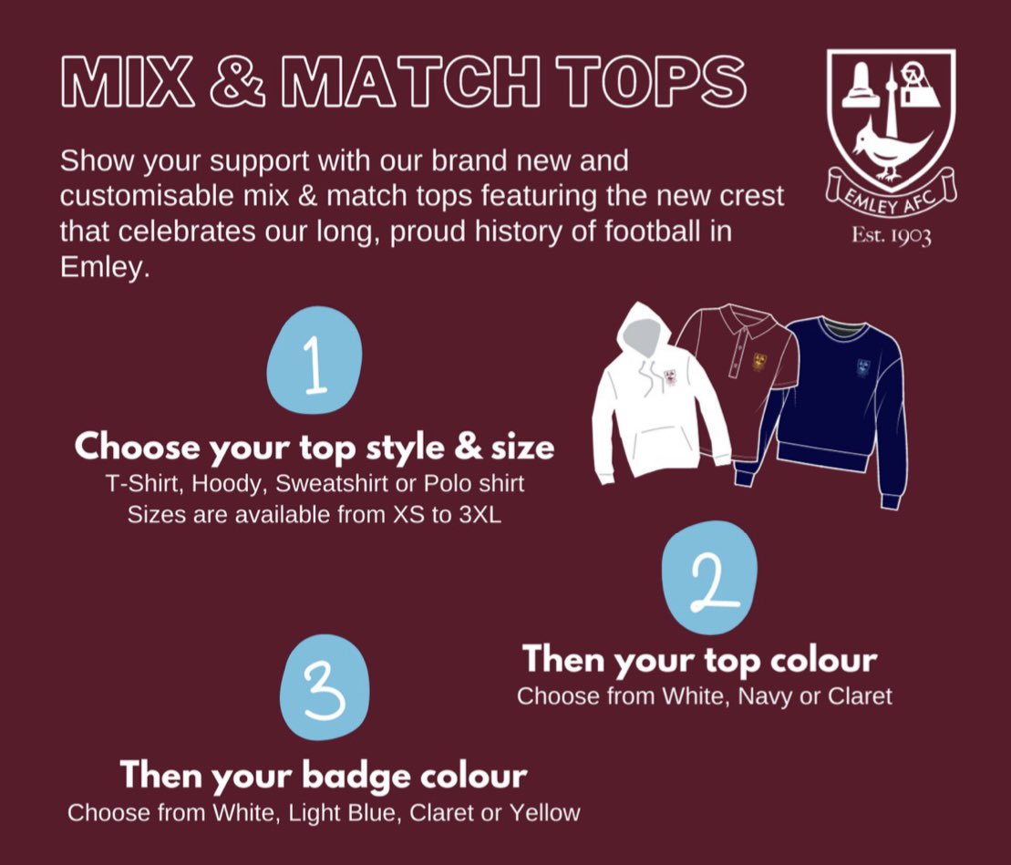 Emley_AFC's tweet photo. Club Shop | Have you ordered your new season T-shirt or sweatshirt yet?
Mix your own on our club shop ๐๐
https://t.co/j0M2e1TS3B
#WeAreEmley #clubshop #merchandise #mixyourown https://t.co/X6sCncg3Je