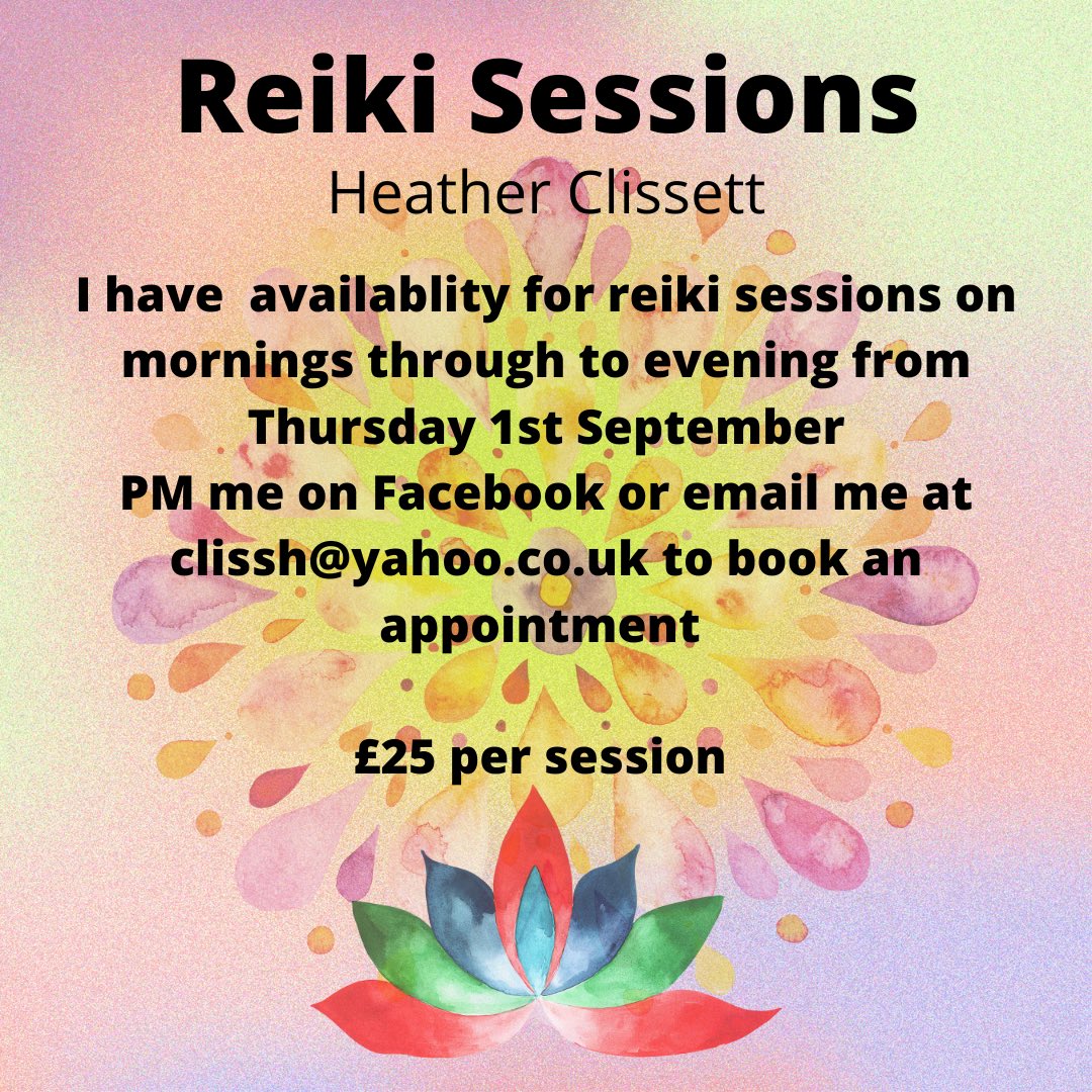 ClissartTweets's tweet photo. If anyone would like reiki I have availability from 1st September. Staff at @ErskineCharity &amp; @rashielee have 1st session free &amp; subsequent sessions £15. https://t.co/zJf3kHowRh