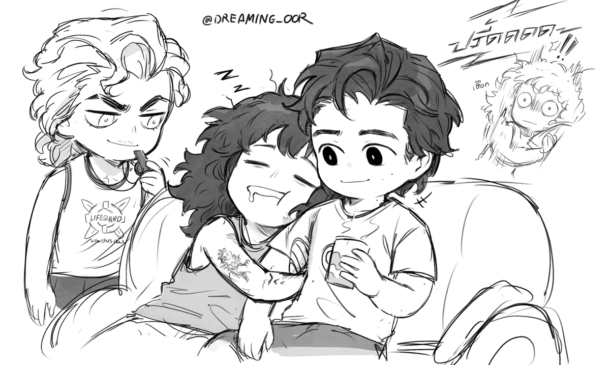 DREAMING_OOR's tweet photo. สตีฟกับแฟนหนุ่มทั้งสองของเขา~ 
#Harringrove #steddie https://t.co/bwxPxa63iU