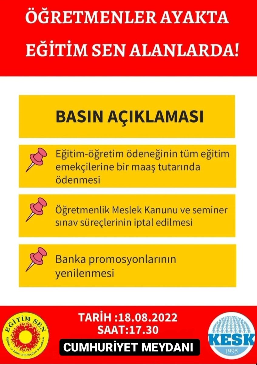 Öğretmenler ayakta, Eğitim Sen alanlarda! 
Burdur Şubemiz, 18 Ağustos saat 17.30'da Cumhuriyet Meydanı'nda buluşup tek ses olmaya çağırıyor. 
ÖMK, seminer, sınav iptal edilsin! Ekonomik iyileştirmeler tüm eğitim emekçilerine yapılsın!
#ogretmenlerayakta
