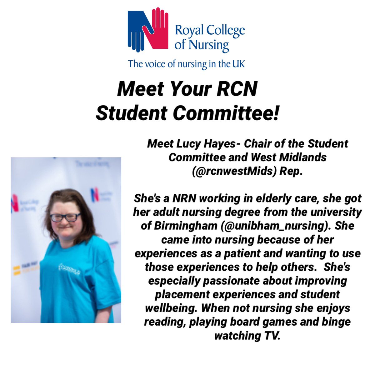 RCNStudents's tweet photo. Meet your RCN Student Committee! This is our wonderful Chair @lucy_uo from @RCNWestMids! Give Lucy a share, like and follow! ๐ฉ๐ปโโ๏ธ
@UniBham_Nursing
#RCNstudentcommittee #thevoiceofstudentnurses https://t.co/T4SB1umxCF