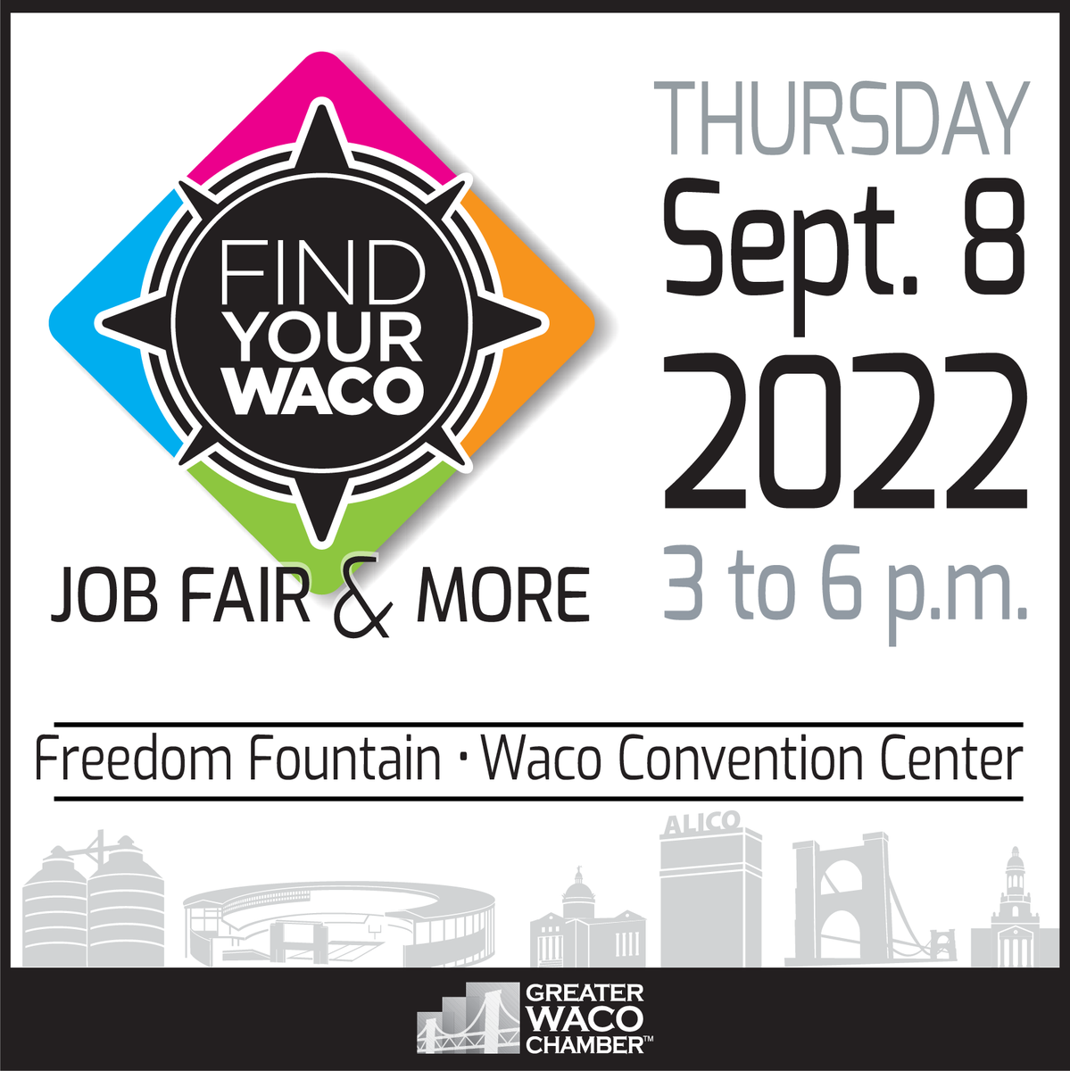 WacoChamber's tweet image. Find Your Waco is a job fair and more! Make plans to join us on Sept. 8 at the Waco Convention Center and build connections with employers, volunteer organizations and more. Learn more at wacochamber.com/FindYourWaco.
