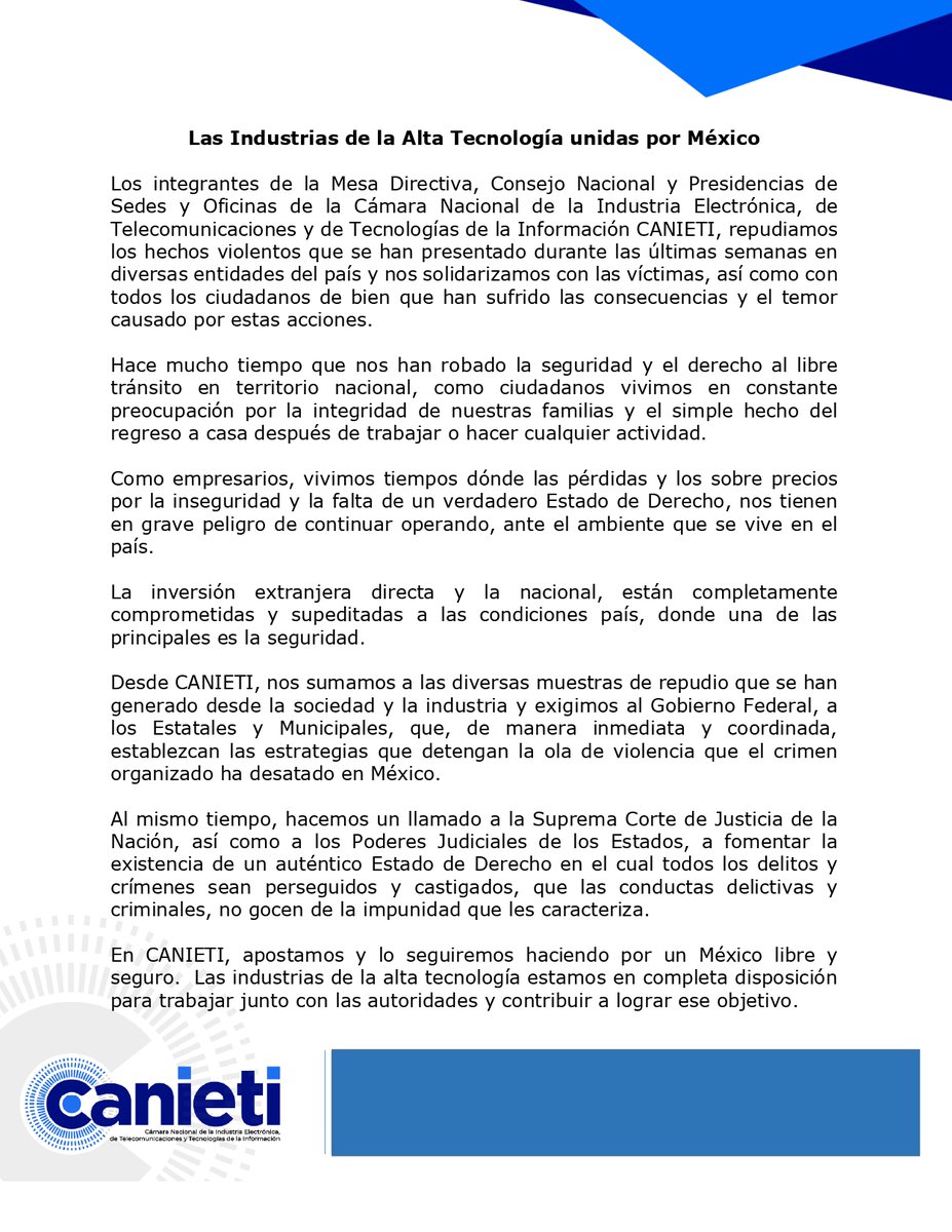 #COMUNICADO: CANIETI se une a la exigencia generalizada en México para restablecer la seguridad y garantizar el Estado de Derecho por el bien del país.