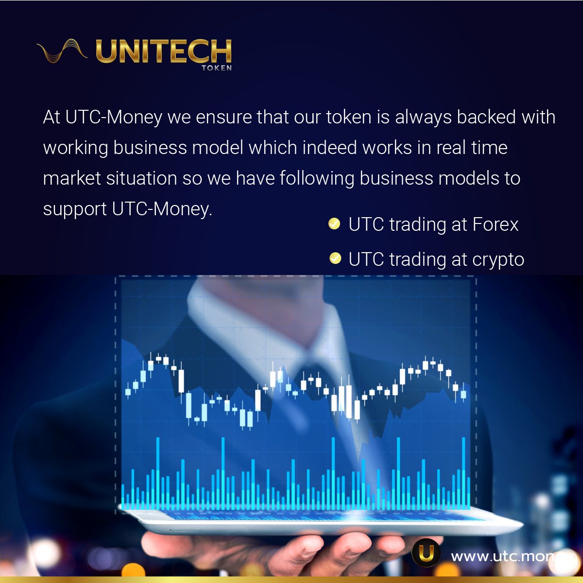 info_utc's tweet photo. At UTC-Money we  ensure that our token is always backed with working business model which indeed works is real time maket situation so we have following business models to support UTC-Money

• UTC trading at forex
• UTC trading at crypto https://t.co/Lt0HwyOjzi