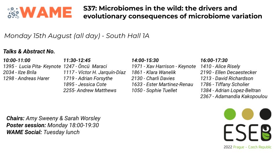 stn_wame's tweet photo. We are so excited for a day of wild microbiomes tomorrow at #ESEB2022! Check out our stellar speakers in S37 at South Hall 1A, a super group of posters later in the day, and a more casual chat for microbiome enthusiasts Tuesday at lunch. 

See you soon! https://t.co/D9F1qyKywY