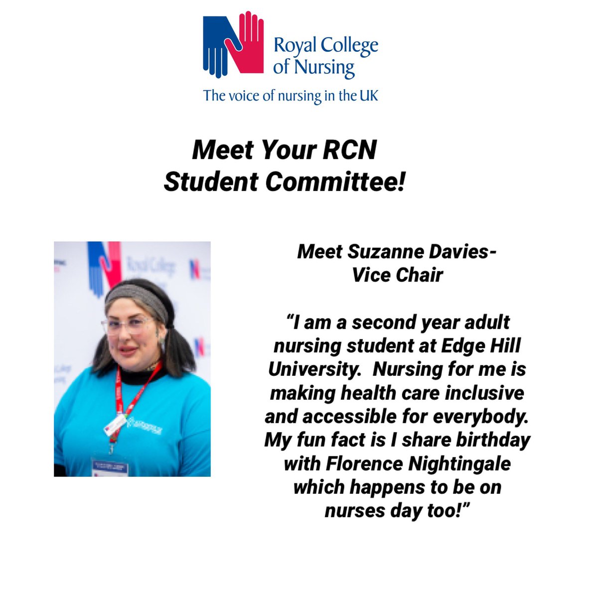 RCNStudents's tweet photo. Meet your RCN Student Committee! This is our wonderful Vice Chair Suzanne Davies from @edgehill ! Give Suzzane a share, like and follow her on Instagram @ https://t.co/n8E1DUIEEe! ๐ฉ๐ปโโ๏ธ
#RCNstudentcommittee #thevoiceofstudentnurses @theRCN https://t.co/OZwYXFzjcb