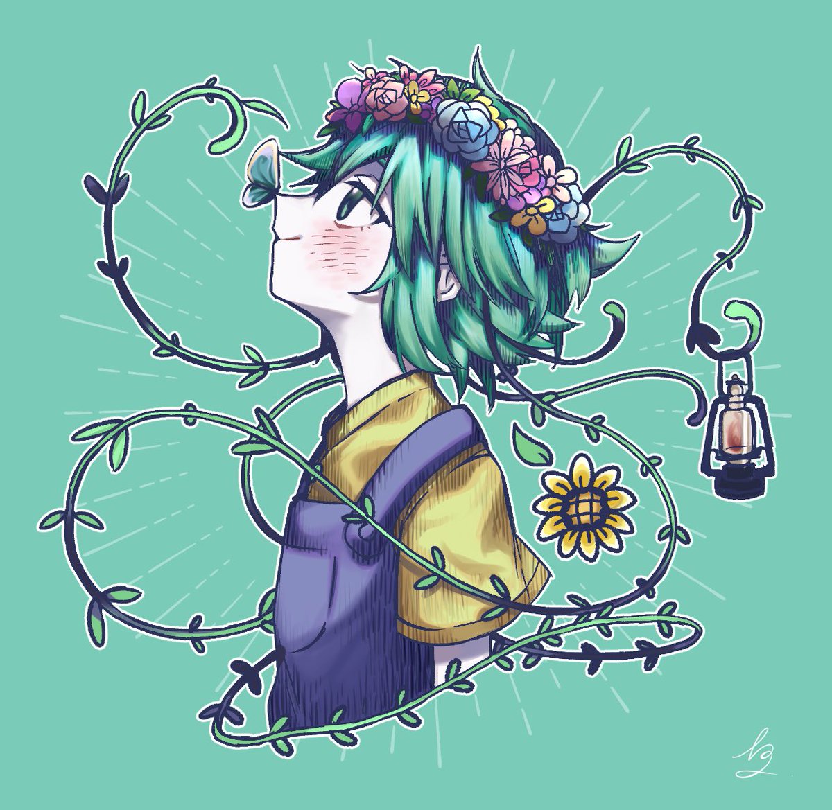 overalls 1boy green hair head wreath looking up yellow shirt solo  illustration images