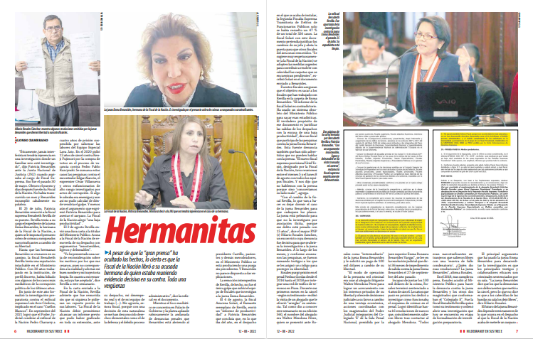 ensustrece's tweet photo. En @ensustrece: HERMANITAS POR @azambranox. A pesar de que la “gran prensa” lo ha ocultado, lo cierto es que la Fiscal de la Nación Patricia Benavides libró a su acusada hermana de quien estaba reuniendo evidencia decisiva en su contra. Una vergüenza. https://t.co/ofhuiX1sZu https://t.co/j5qeohE0hk