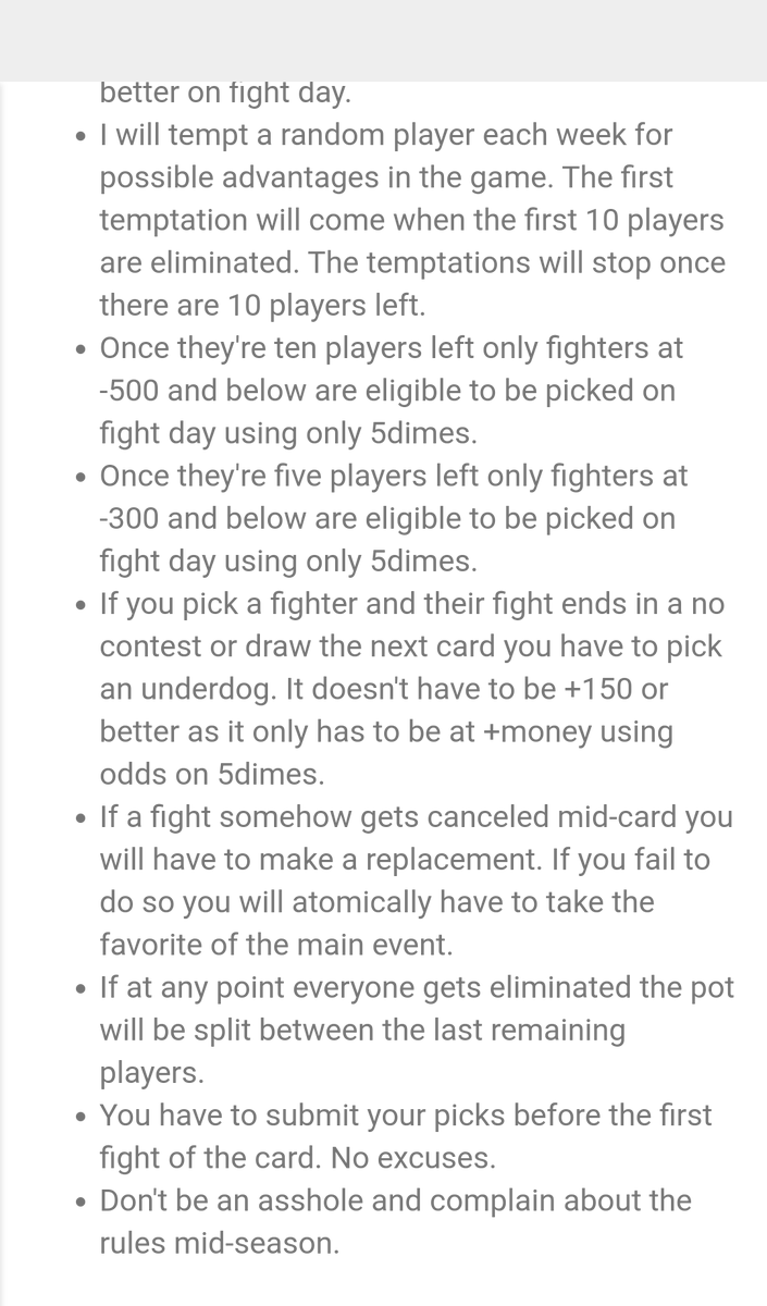 mmawizzard's tweet photo. LOS 8 is finally in the books and #LOS9 is now underway. It's one of the most difficult games to come out on top whether you're a degenerate gambler or just a big UFC fan. The buy-in is $15 so PM me if you're interested. We are starting this Saturday with #UFC278. Rules below ⬇️ https://t.co/luikjjSbNk