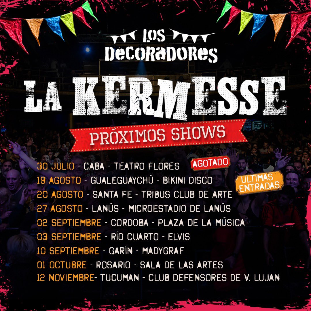 PRÓXIMOS SHOWS

⚠️ Últimas entradas para Gualeguaychu y Santa Fe, no se queden afuera!

En Octubre volvemos a Rosario! Mañana toda la información. 

🛣 Hay nuevas fechas, ya les iremos contando. Nos vemos por el país!