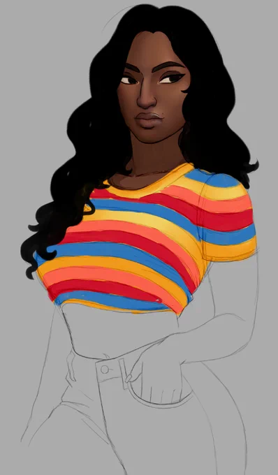 Her pants are gonna be bright yellow like some of the stripes in the shirt <3 