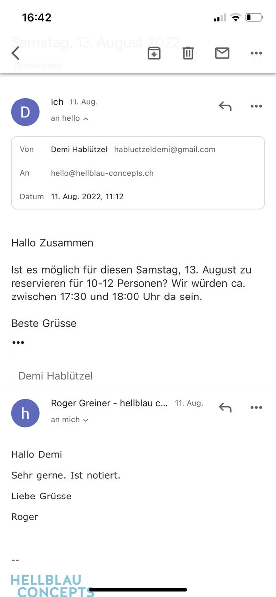 1/2
Zur Klarstellung der FähriBödeli-‚Affäre‘🙄:

Eine Mail-Reservation hatten wir. Auf meinen Namen! Freie Tische gab es genug. Dann der Hammer: Jedoch NICHT für die Junge SVP! 

Sind wir soweit, dass man alles beweisfest fotografieren muss?