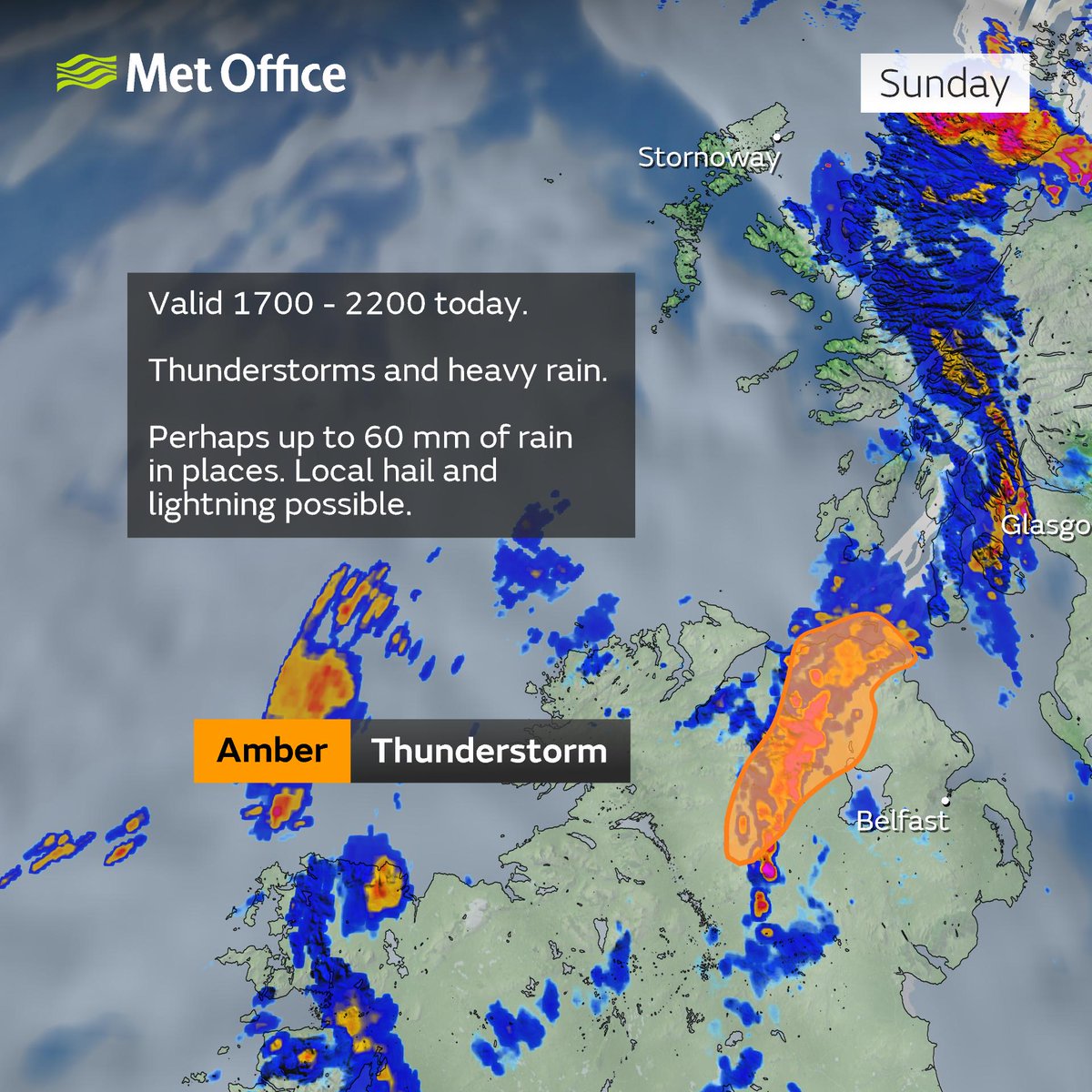 metoffice's tweet photo. ⚠️⚠️ Amber weather warning issued ⚠️⚠️

Thunderstorms over Northern Ireland

Today 1700 until 2200

Latest info 👉 https://t.co/QwDLMfRBfs

Stay #WeatherAware⚠️ https://t.co/9TZiuZKBTL