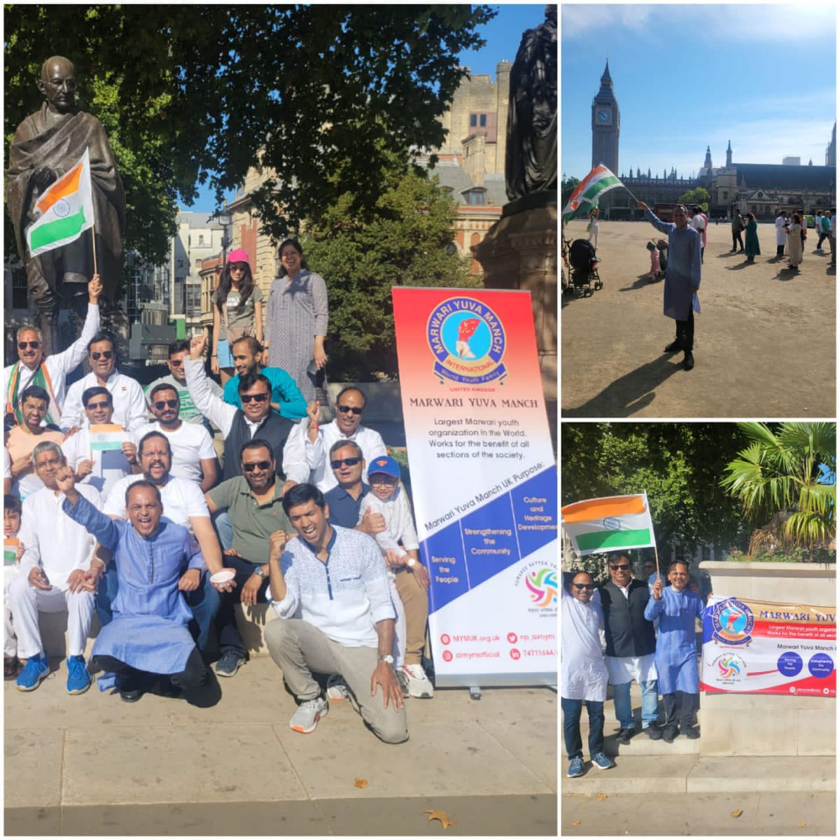 MYM UK celebrated Tiranga Hosting at British Parliament Square in London . Celebration started with Tiranga Pooja, flag hosting, singing national Anthem Jai Hind @Bishweswar_Tudu @narayanisales @sunilbansalbjp @LakhotiaKapil @abhishek_ag_rnc @ca_chandak @PandaJay @KhaterRitesh