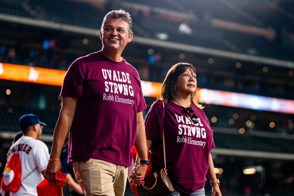 astros's tweet photo. Today, we welcomed the community of Uvalde to MMP for Uvalde Strong Day. 

We are committed to the continued healing of the Uvalde community through the game of baseball. During the game, fans can purchase Uvalde Strong t-shirts, with all proceeds going to Uvalde Strong efforts. https://t.co/vyRVsy6sWF