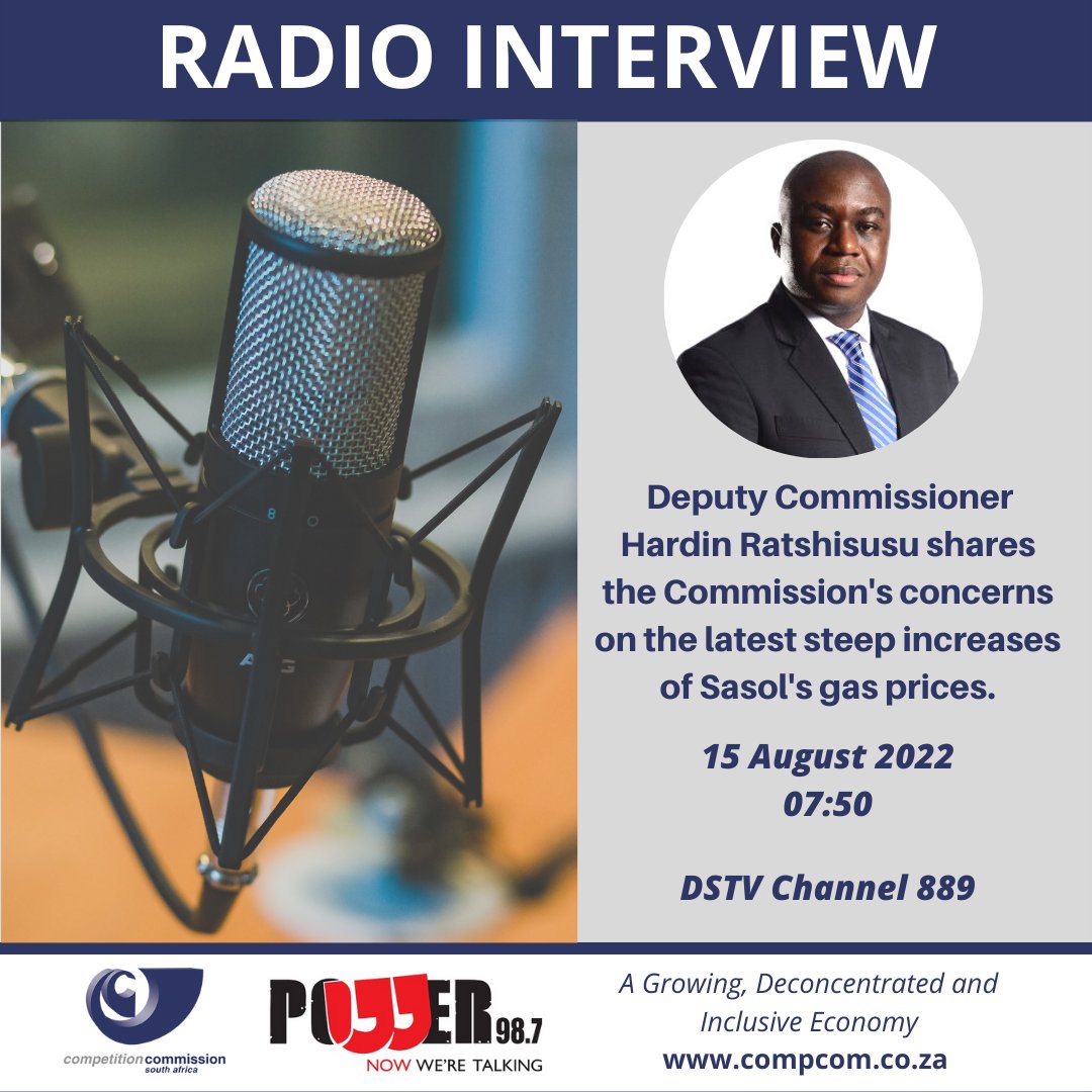 CompComSA's tweet photo. Tomorrow morning Deputy Commissioner @hardinratshi will join @Powerfm987 to share #CompCom's concern at the latest steep increases of #Sasol's gas prices. This forms part of our ongoing investigation on whether these prices are excessive or not. Please tune in at 07:50 📻 https://t.co/DsXnj1At5C