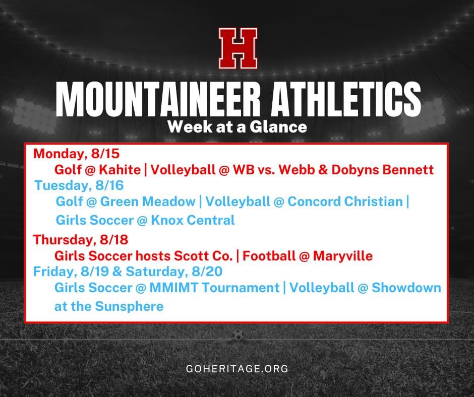 HHSMountaineers's tweet photo. We're ready for a full week of #HHSathletics action coming up! Check out everything that's going on for August 15th - 21st with #HHSgolf #HHSvolleyball #HHSfootball #HHSgirlssoccer and #HHScheer https://t.co/WnUrN0DcBi