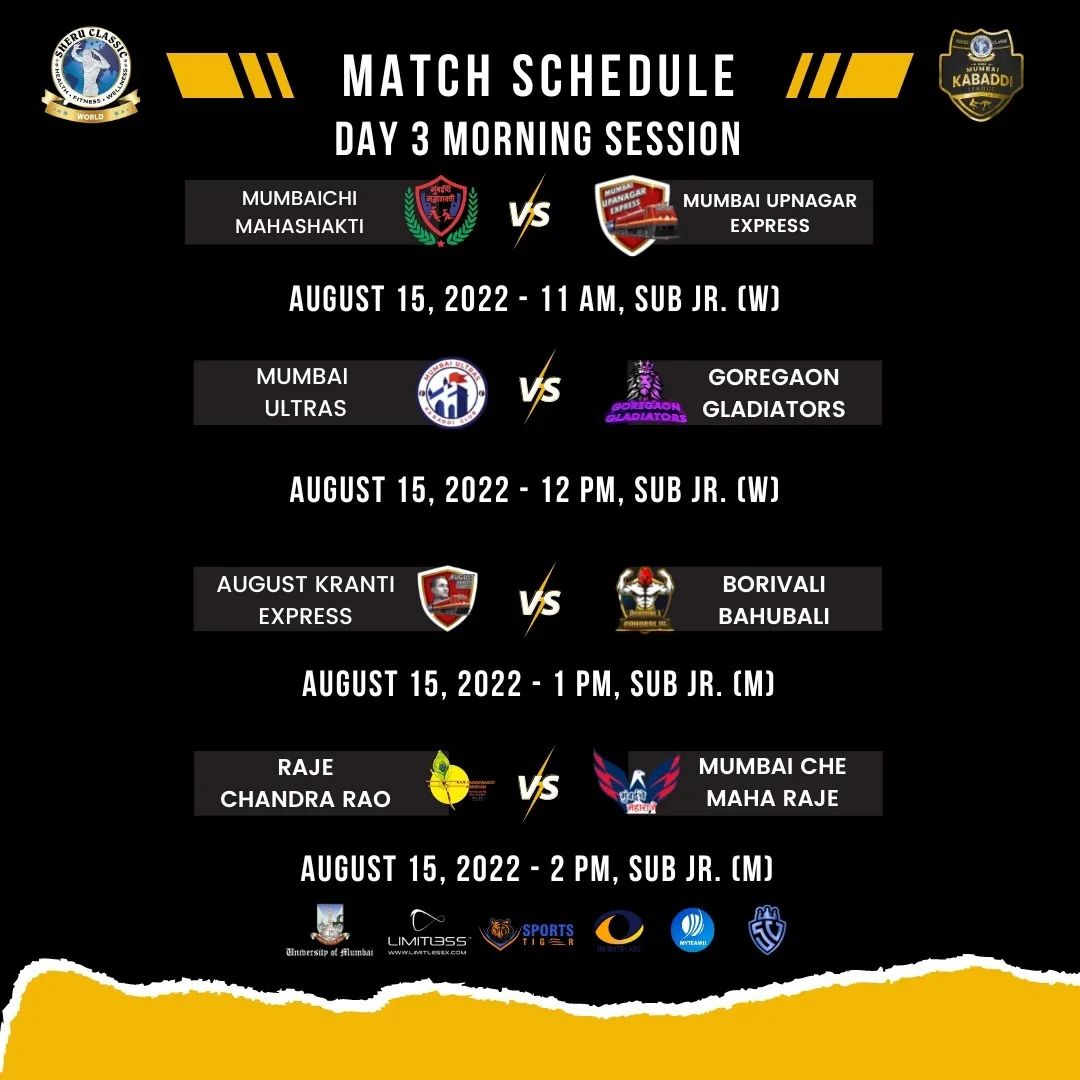 sheru_aangrish's tweet photo. Sheru Classic MMKL Match Schedule Day 3 π₯π«
.
.
@sheruaangrishofficial @sheruclassicworld
@myteam11_official @sportstiger_official
@sportvot_tv
#sheruclassicmmkl #sheruaangrish #sheruclassic #mmkl #day3 #matchschedule #kabaddimatches #mahamumbaikabaddileague #kabaddi https://t.co/q2GRyuiAdv