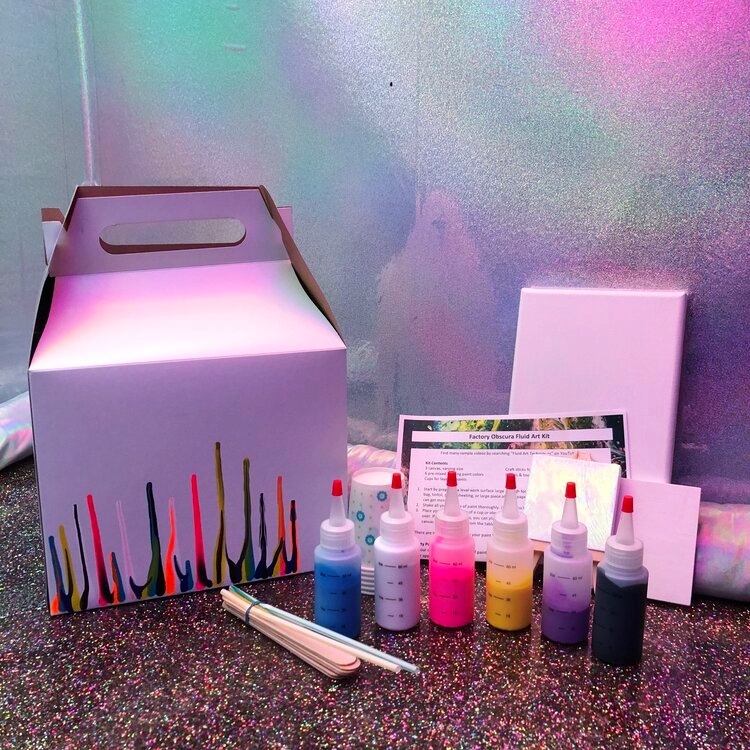 Get hypnotized by the magic of flowing colors with the Factory Obscura Fluid Art Kit! No painting experience required and fun for all ages! Each kit comes with 1 voucher for a free kid admission ticket! Stop by the shop or order yours online 👉 bit.ly/3QkLe55