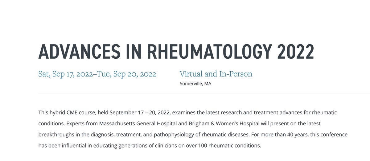 Guy Katz, MD (@guykatzmd) on Twitter photo 📢Annual #AdvancesInRheumatology Course
🗓️Sept. 17-20, 2022
Hosted by <a href="/MassGenBrighCPD/">Mass General Brigham Professional Development</a>, <a href="/MGHrheumatology/">MGH Rheumatology</a>, BWH Rheumatology, <a href="/harvardmed/">Harvard Medical School</a>
🌟Amazing agenda with cutting-edge #Rheumatology education
View the schedule and register now: cpd.partners.org/content/advanc… 📢Annual #AdvancesInRheumatology Course
🗓️Sept. 17-20, 2022
Hosted by <a href="/MassGenBrighCPD/">Mass General Brigham Professional Development</a>, <a href="/MGHrheumatology/">MGH Rheumatology</a>, BWH Rheumatology, <a href="/harvardmed/">Harvard Medical School</a>
🌟Amazing agenda with cutting-edge #Rheumatology education
View the schedule and register now: cpd.partners.org/content/advanc…