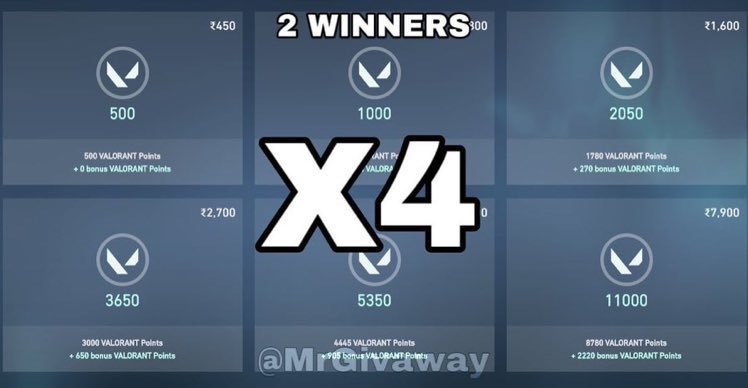 HUGE VALORANT GIVEAWAY!!! (X4 VP) 😨 2 WINNERS 

TO ENTER:

• FOLLOW <a href="/Ape1k/">Ape</a> &amp; @Luizz1k 
• LIKE &amp; RT THIS TWEET!

COMMENT WHEN DONE ✅ 

Giveaway ends in  24hours💕
#Valorant #Giveaway #Giveaways #valorantgiveway #NFT