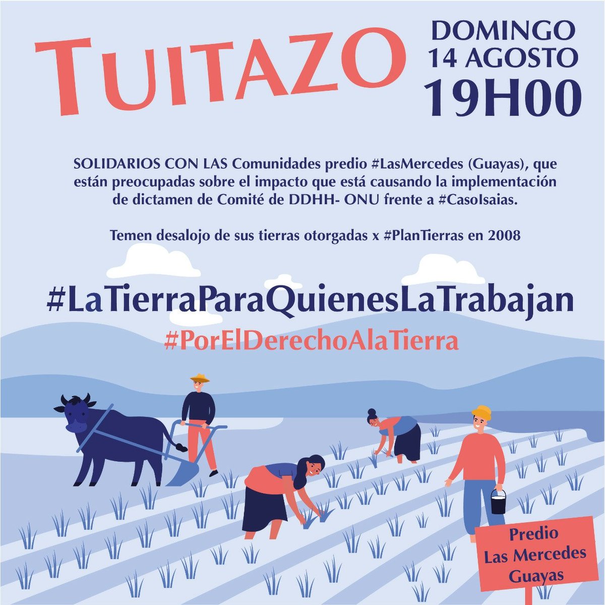 AcEcologica's tweet photo. INVITAMOS al TUITAZO, hoy #14agosto en apoyo a #LasMercedes (Guayas), debido al impacto que está causando la implementación del dictamen de Comité de DDHH- @ONU_es frente al #CasoIsaias. Temen desalojo de sus tierras otorgadas x #PlanTierras en 2008.
⏰ 19h00 https://t.co/7pjEhph1Z3