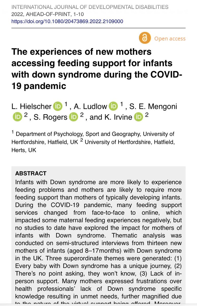 laura_hielscher's tweet photo. The first paper from my #PhD is now available online! We explored experiences of accessing #feeding support for #infants with #DownSyndrome throughout the #COVID19 pandemic. @silvana_mengoni @AmandaLudlow7 @DrSamRogers @KarenIrvine1 

https://t.co/maNz2BkHmW https://t.co/Mp73QQ3lql