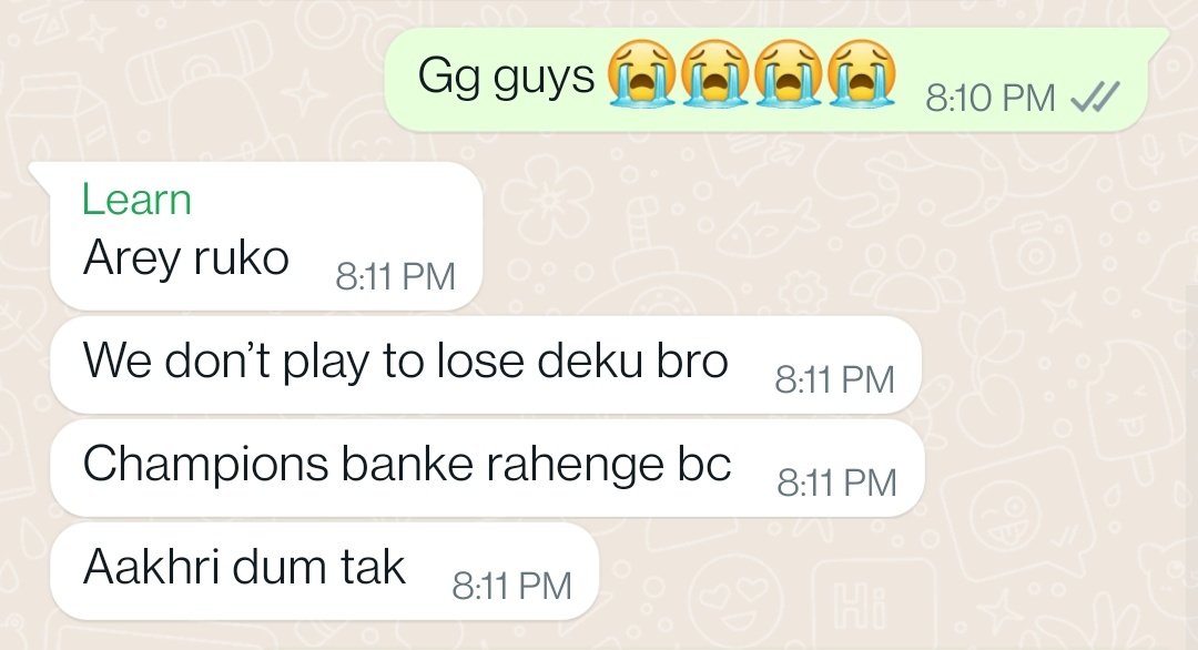 <a href="/learn_gg/">Jash Shah</a> true to his words.
So proud of the team. even tho we didn't had good practice recently, champs at the end of the day

<a href="/TehVegaz/">Vegaz</a> <a href="/samsinhaa/">Sameer "BrosZxs" Sinha</a> <a href="/TrunKs_gg/">TrunKs</a> <a href="/neutrinobhau/">neutrinobhau</a> <a href="/BurnZ_Gaming/">burnz</a>