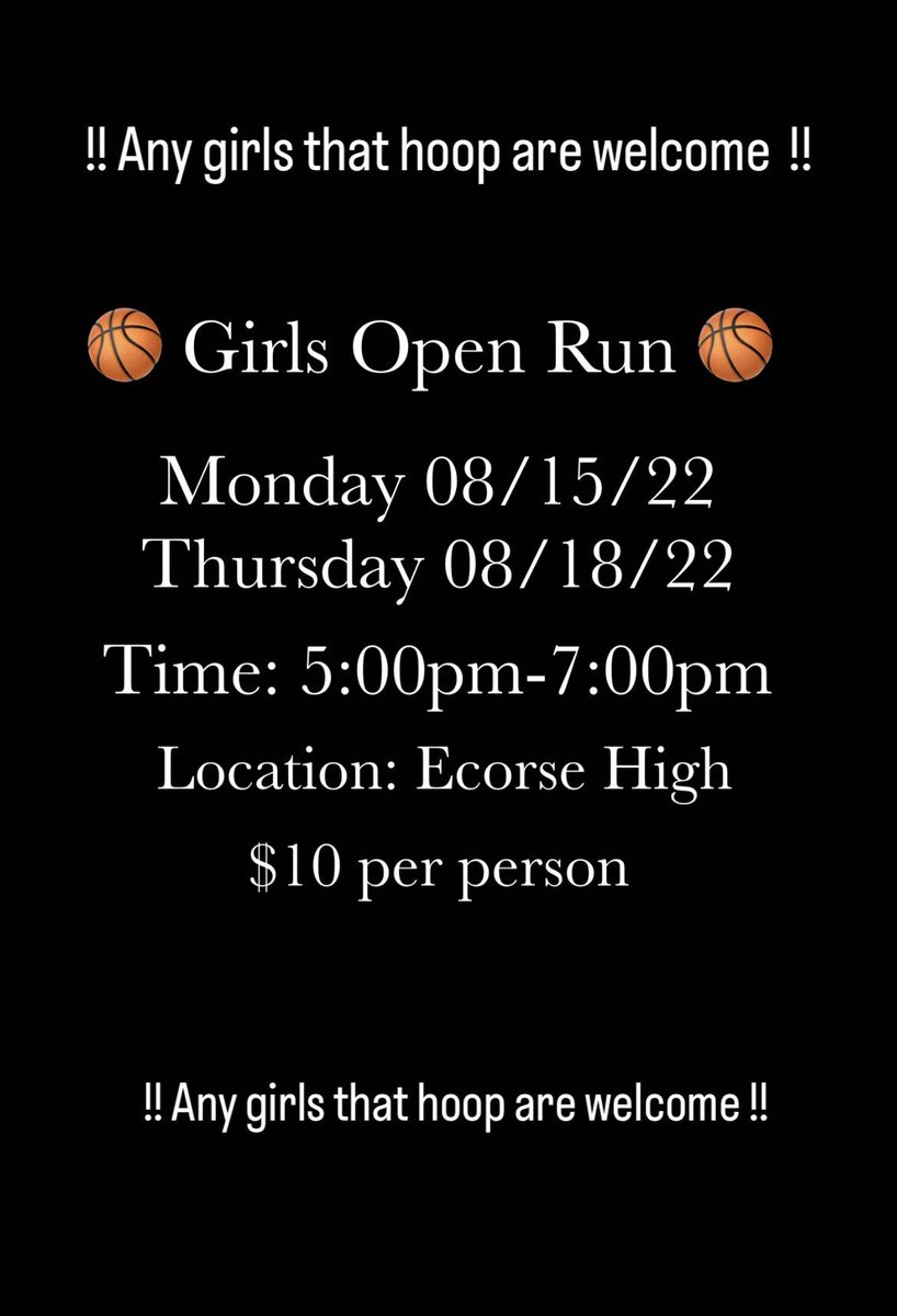 Any ladies that hoop or know of any there’s going to be an open run Monday and Thursday 5pm-7pm