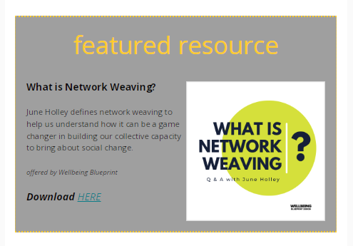 juneholley's tweet photo. WHAT IS NETWORK WEAVING?
- Q & A with June Holley
+ new free resource & new events
NW's newsletter: https://t.co/X0D7Nc3vOx
Subscribe: https://t.co/j1njzwPhJH
#Networks #NetworkWeaver #NetworkWeaving #Transformation #SystemsChange #RacialEquity #SocialJustice #SocialChange https://t.co/2vjQUR1dKQ