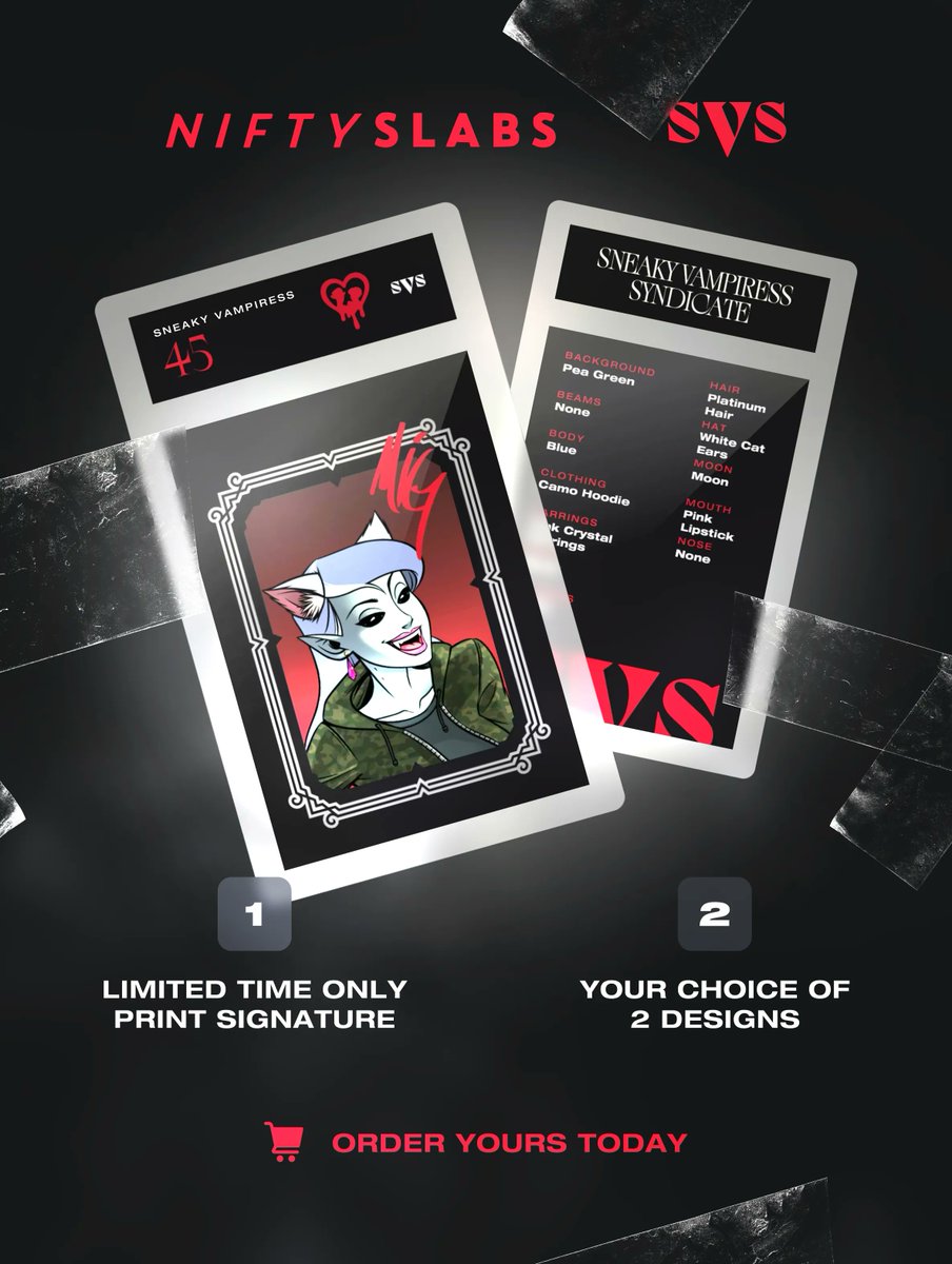 In love with your NFT? Want to put it in your office or bedroom? Need a way to show off your Vampires? 

<a href="/NiftySlabs/">NiftySlabs</a> x <a href="/SVSNFT/">Sneaky Vampire Syndicate</a> has you covered. 🤝 

With a custom design and a signature from the illustrious <a href="/_migwashere/">mig</a>, these are show stoppers!

niftyslabs.com/collabs/sneaky…
