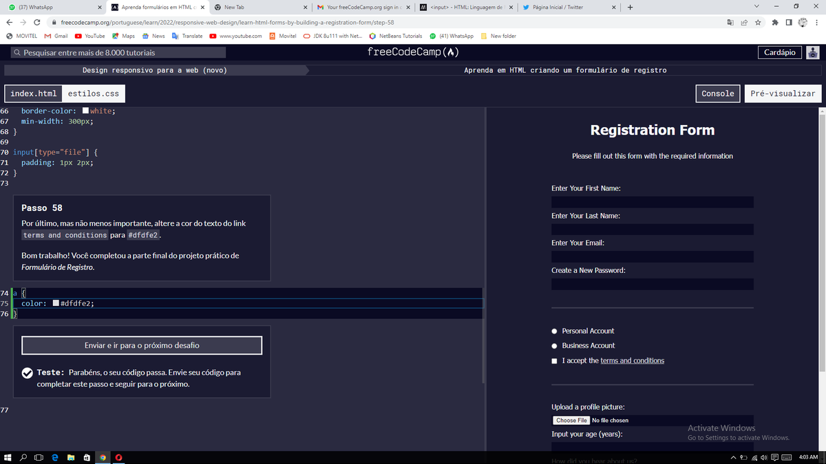 VicyKanivete's tweet photo. #100DaysOfCode 
#freeCodeCamp 
#tsalaCode

Day 12/100

I finished the Registration Form using HTML lessons..

#VK https://t.co/WeCYip9wRk