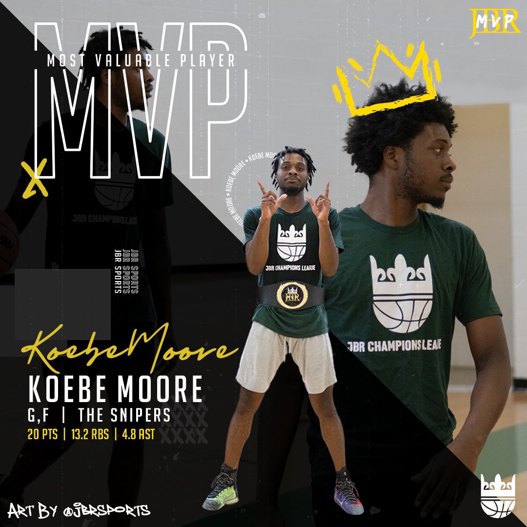 Congratulations to Koebe Moore on winning the 2022 JBR Champions League MVP!! Koebe was able to lead The Snipers to a championship while averaging 20 pts, 13.2 rbs, and 4.8 ast over the course of the season. Congrats again Koebe!