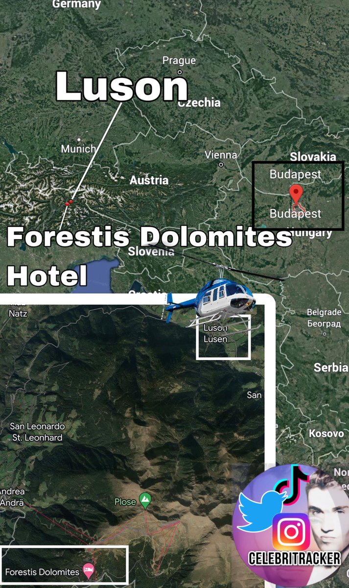 CLTracker's tweet image. Justin Bieber and Hailey Bieber stayed at a prestige hotel called 'Forestis Dolometis' (Palmschoß 22, 39042 Bressanone BZ, Italy 🇮🇹) and took a flight to head out to the Budapest, Hungary 🇭🇺 from Luson, Italy. He was spotted in Luson, Italy a couple of times by residents and fans