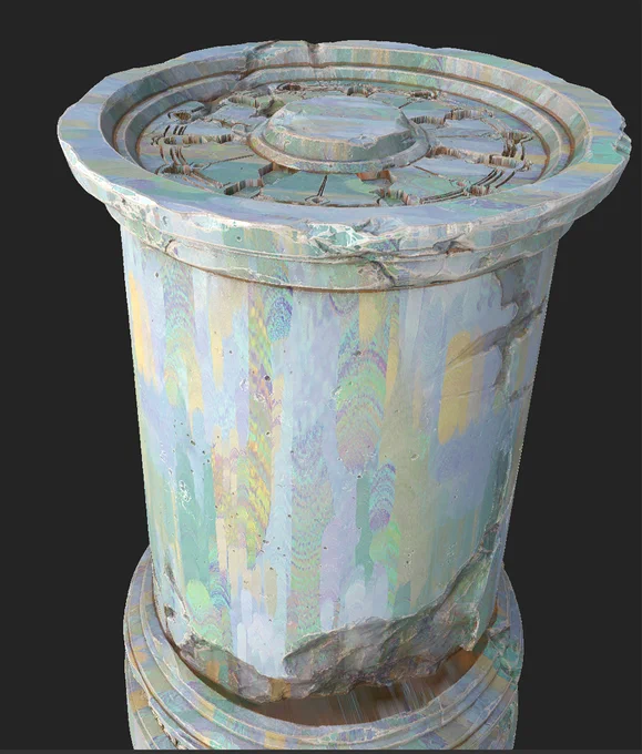 (1) i use tri-planar projection to project one of these textures on top, adjust the hue/saturation/brightness to fit better with the underlying base pass, then hide all of this with a black mask. after that it's just a process of grabbing your fav brushes and painting this in. 