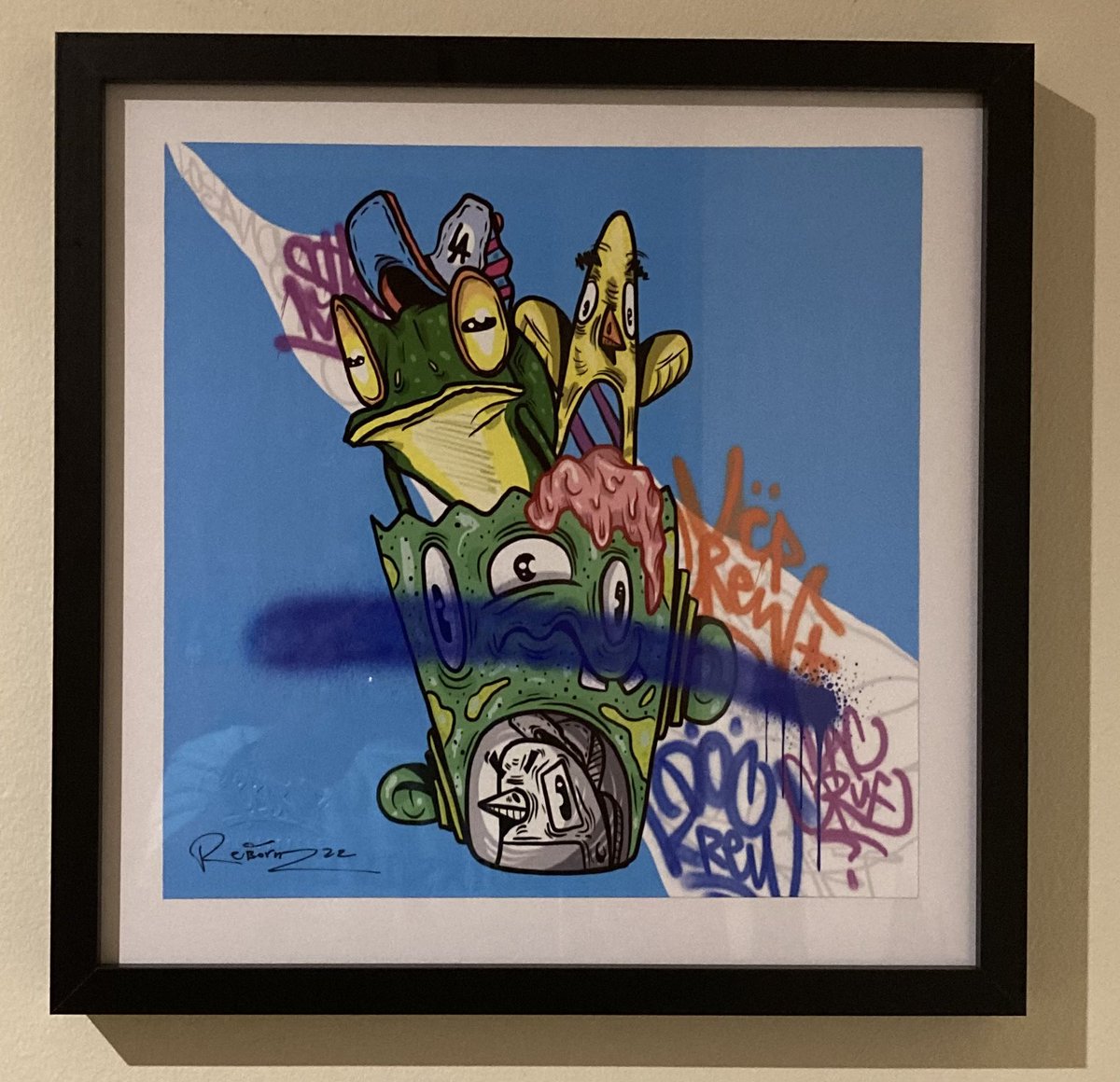 My first printed NFT, signed by the author- <a href="/artbyrebornz/">REBORNZ</a> - and framed! AWESOME @PetsRusCNFT <a href="/MaganaCNFTs/">Mag | Graffzity | DRMZ</a>