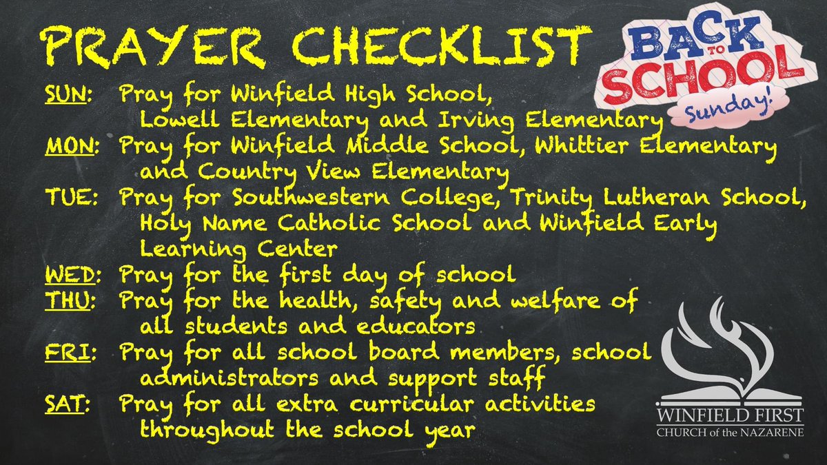 Winfield1stNaz's tweet photo. Here's the back-to-school prayer checklist we'll be using this week to launch our students and educators into the new school year. Please consider joining us in prayer, and we hope 2022-23 is the best year yet! https://t.co/d6LbWzr1iB