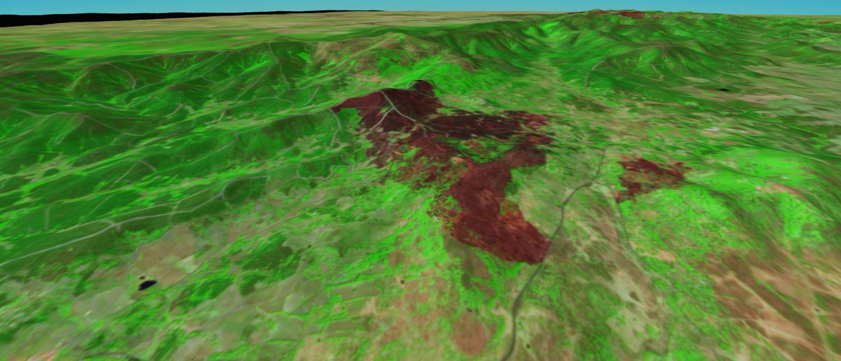 apazga's tweet photo. 3D view of the painful scars caused by wildfires 🔥🌳 this week in the beautiful region of #Extremadura, #Spain.
#ClimateChange 🌍, > 100 days since it rained, heat waves... ➡️ more than 1000 hectares burned in less than a week 🤕
#EarthatRisk #YP #REACT_TC @IEEE_GRSS @GrssYp https://t.co/SfUjFYGlWF