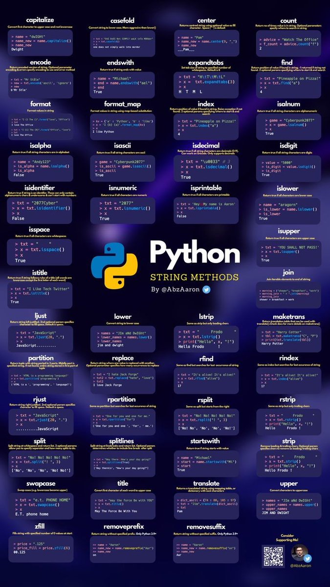 purplesunsu's tweet image. Python string methods to memorize
By: AbzAaron
.
.
#100DaysOfCode #MiMO #coding #coder #programming #tech #javascript #webdev #nodejs #java #developer #cd9 #programmer #code #geek #html #oyelazonacoder #designer #html5 #angularjs #php #jquery #css #reactjs #techno #news #techno