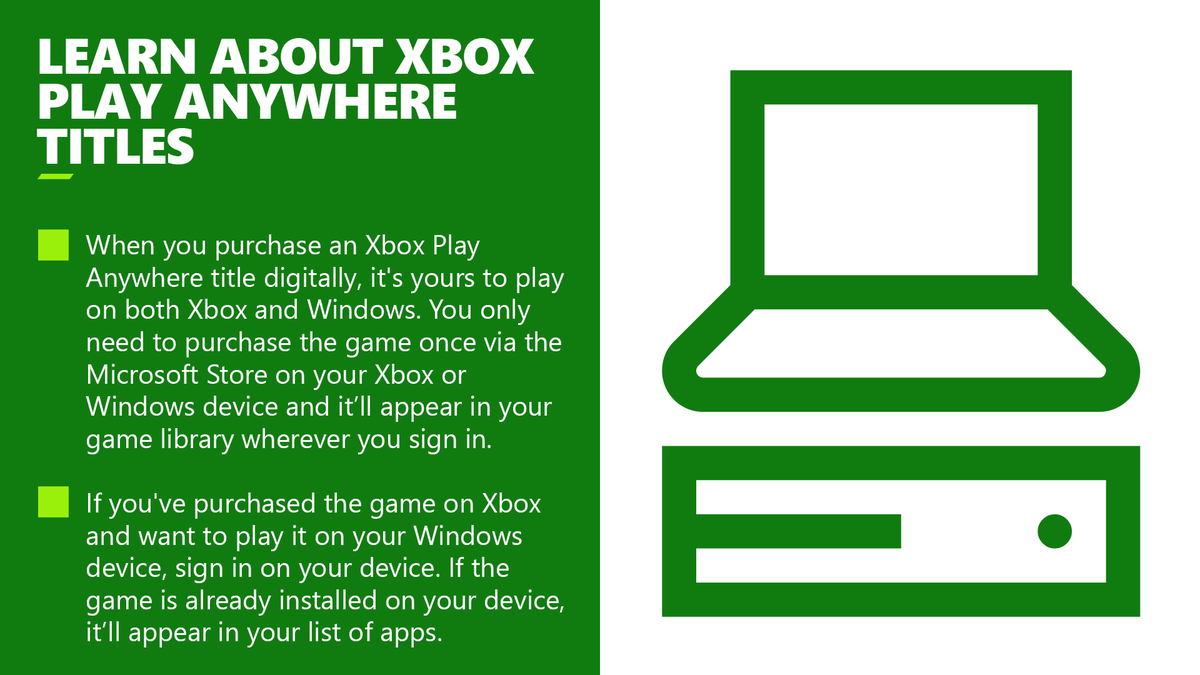 XBOXSupport's tweet photo. Purchase once and play on Xbox and Windows. 

Learn about Xbox Play Anywhere titles: https://t.co/2JakqiamWy https://t.co/VF7M9mFaME