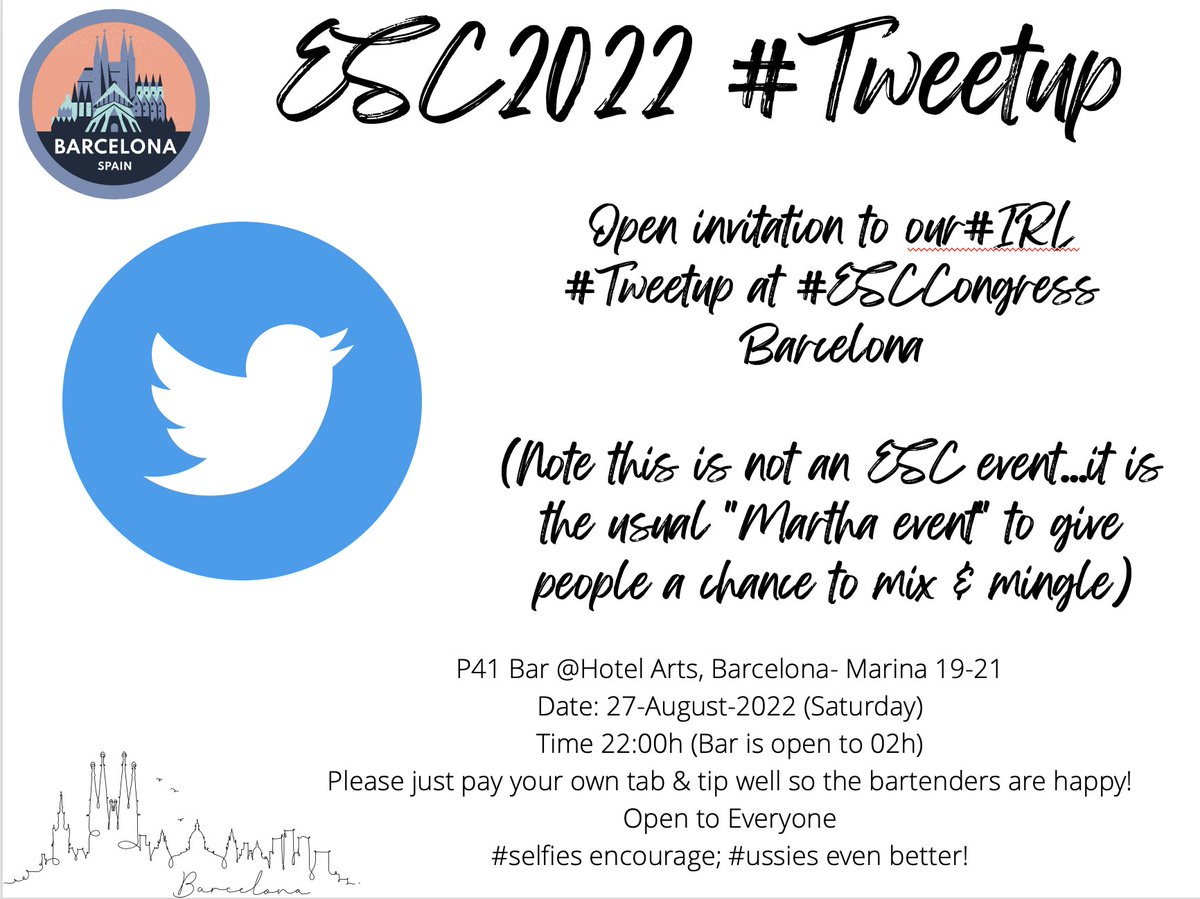 To my friends & new friends I have yet to meet, #tweetup for #ESCCongress Saturday 10 pm (22h) at P41 Bar (in Hotel Arts) Please share & come for a drink & tweet & #selfie (instructions provided by @mmamas1973) @ShrillaB @fjpinto1960 @mirvatalasnag @ShelleyZieroth @ditchhaporia