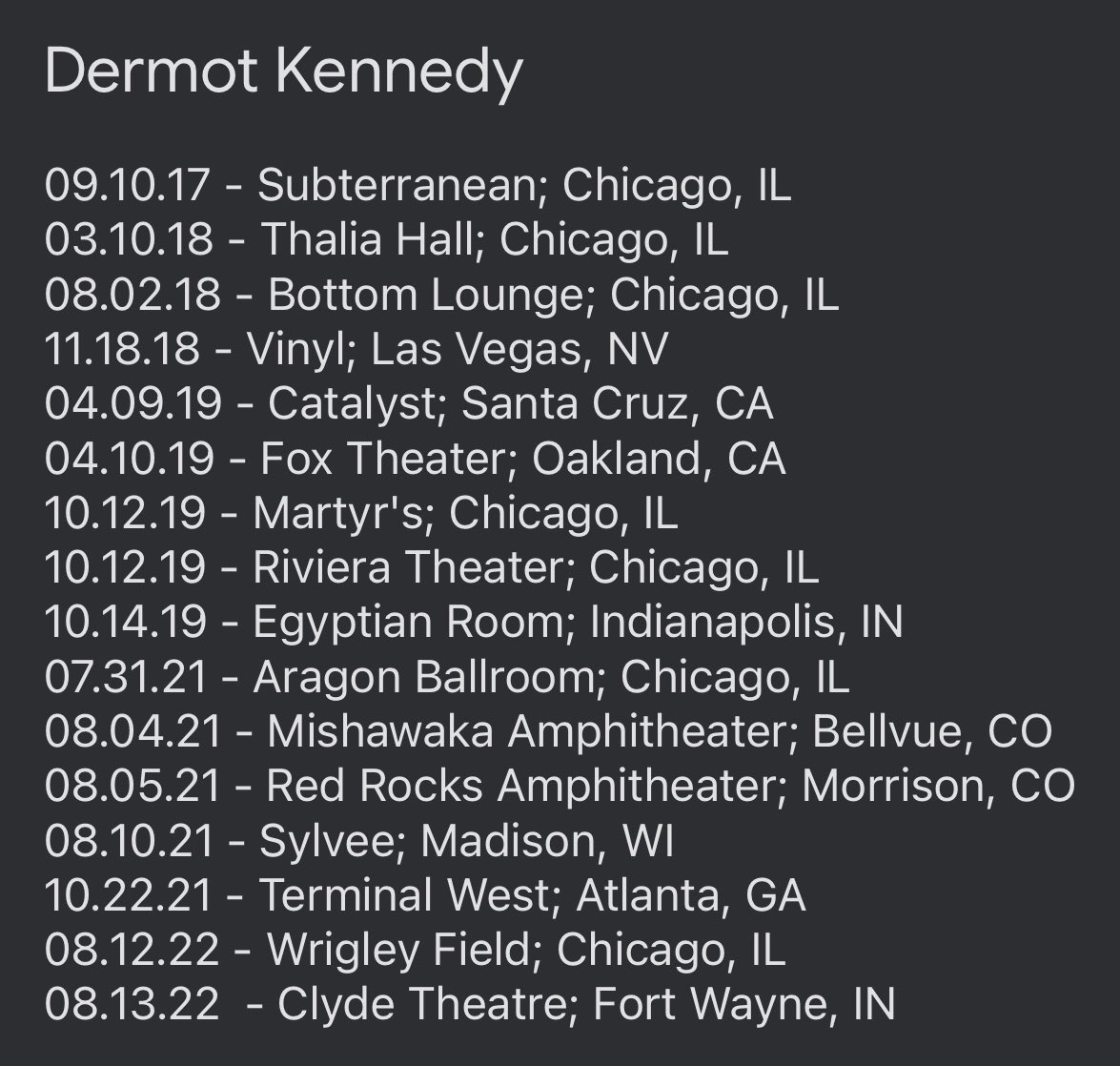 DermotLive's tweet photo. My run of amazing #DermotKennedy shows continued last night. 7 hours of driving was well worth it! Would love to be able to launch the Live Archive, but can’t get a response from management. If anyone has a contact, please LMK. @DermotKennedy @Mquinndrums @KieranJonesMus https://t.co/sn28XttSTh